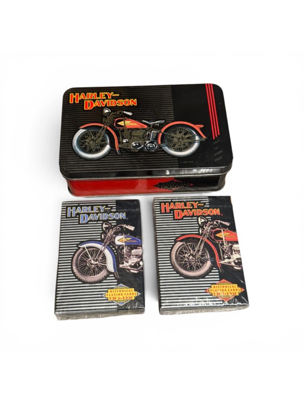 1997 Harley-Davidson Historical Playing Cards Set in Tin, 2 x packs sealed